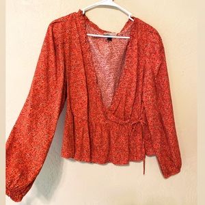 Red Floral Long Sleeve Blouse w/ Tie